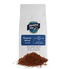Plantation Blue Bespoke ground-coffee pouch with loose grounds below the blue label