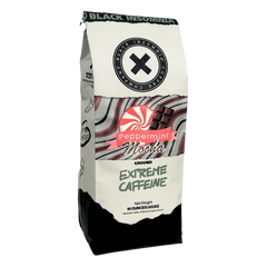 Front of Black Insomnia Peppermint Mocha ground-coffee bag