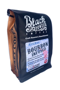 Angled Black Powder Bourbon Infused coffee bag