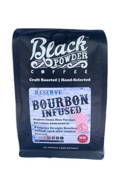 Front of Black Powder Bourbon Infused coffee bag
