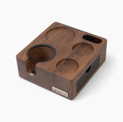 Walnut Wood Coffee Tamping Station showing product packaging