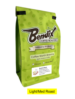 Front of green Bendix Breakfast Blend Light-Medium Coffee bag showing its product label