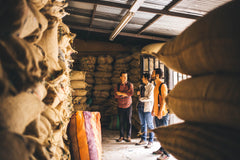 Olympia San Sebastián Reserva Colombian Coffee — people standing between stacked coffee sacks in a warehouse