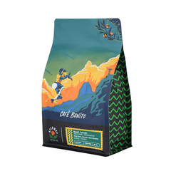 Café Bonito illustrated bag viewed at an angle — Kickoff Café Bonito Brazilian Single-Origin Coffee