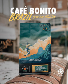 Café Bonito bag on a counter beneath Brazil Cerrado wording — Kickoff Café Bonito Brazilian Single-Origin Coffee