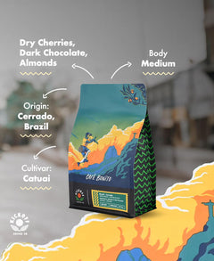 Café Bonito profile graphic with arrows to tasting notes and origin — Kickoff Café Bonito Brazilian Single-Origin Coffee