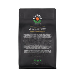 Back of a black Kickoff bag with its brand story — Kickoff Café Bonito Brazilian Single-Origin Coffee
