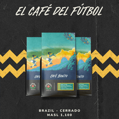 Café Bonito packaging in an El Café del Fútbol promotional graphic — Kickoff Café Bonito Brazilian Single-Origin Coffee
