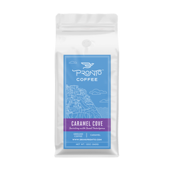 Caramel Cove flavored coffee bag and caramel branding