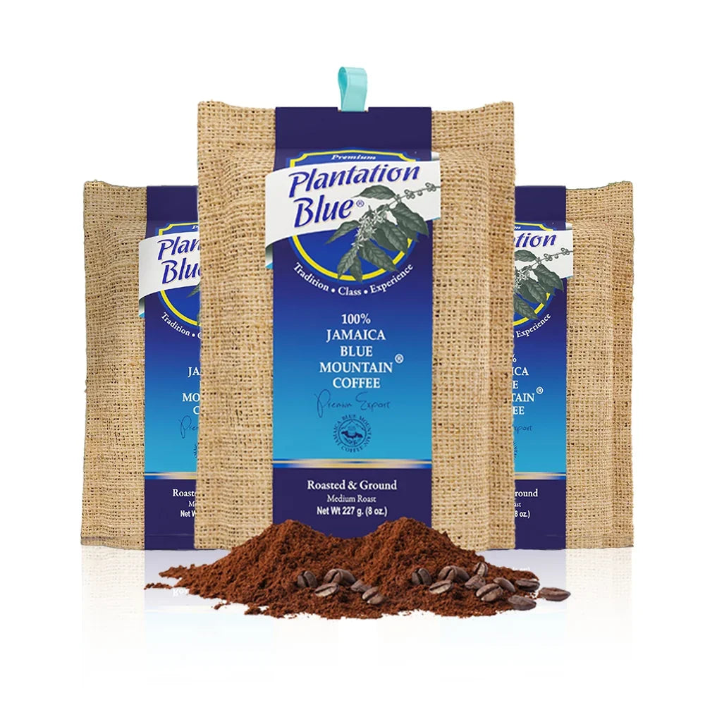Three Plantation Blue Jamaica Blue Mountain medium-roast ground coffee bags with loose grounds and beans