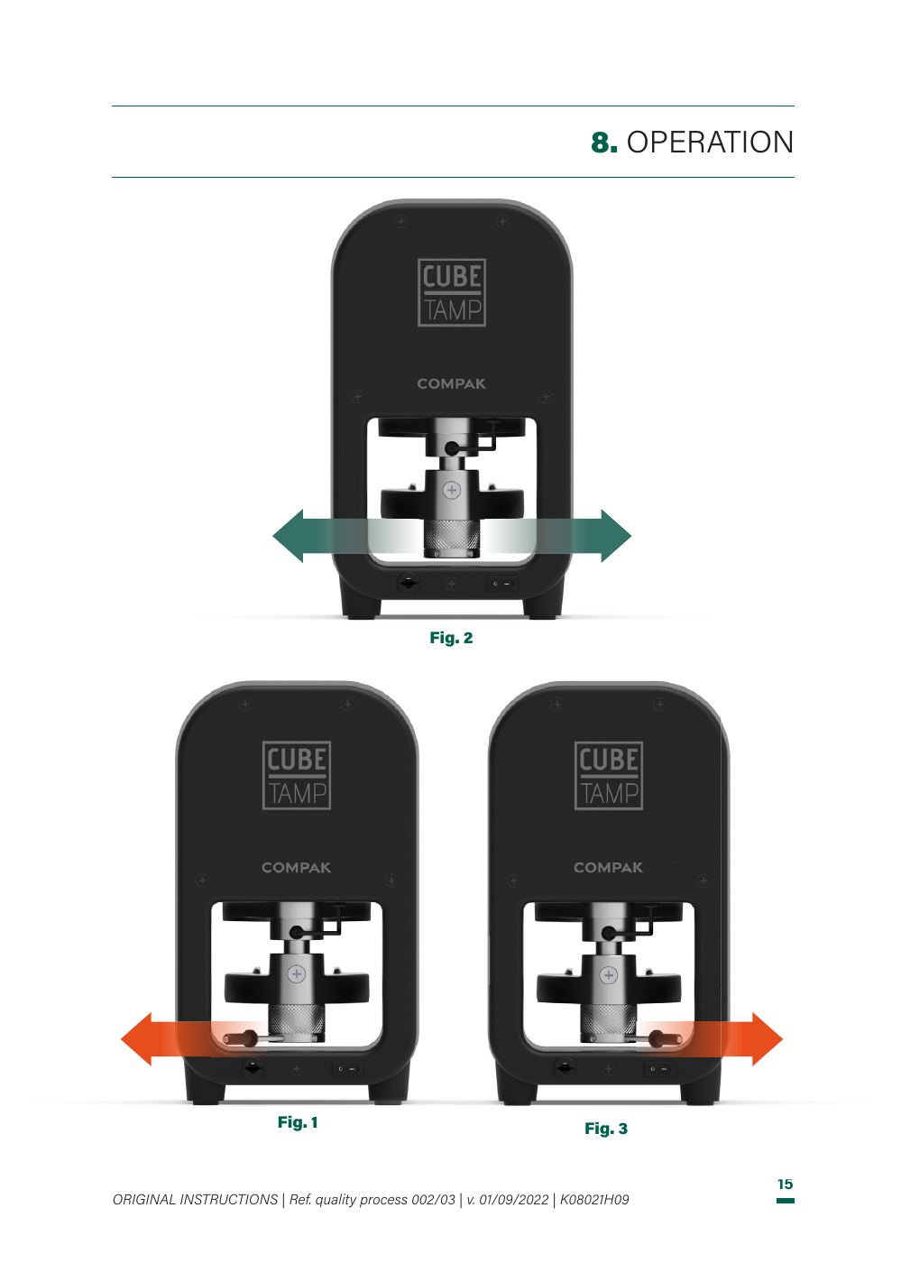 Compak Cube Tamp portafilter support adjustment diagrams from the manufacturer manual