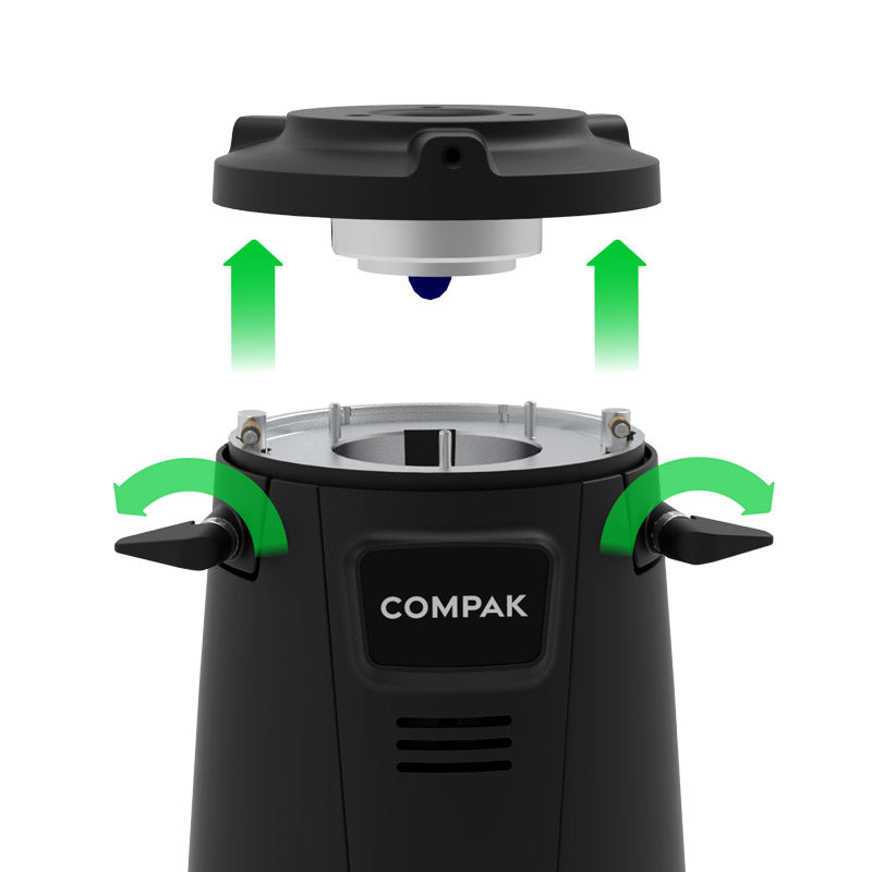 Compak E6 and E8 Lock and Load system with levers and upper burr carrier lifted