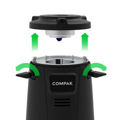 Compak E6 and E8 Lock and Load system with levers and upper burr carrier lifted