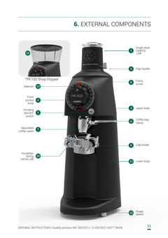 Compak PK100 Shop and Single Dose external components diagram from the manufacturer manual