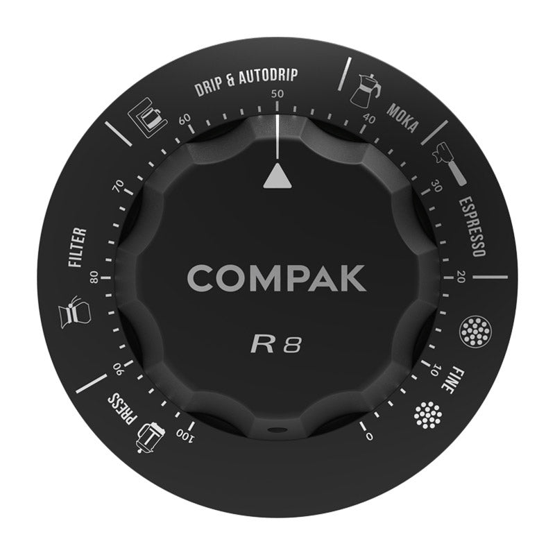 Compak R8 grind adjustment dial with brew method markings