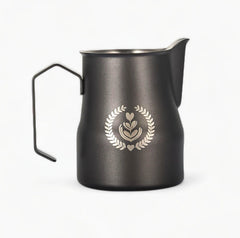 Non-Stick Latte Art Milk Pitcher for Cappuccino showing dosing cup