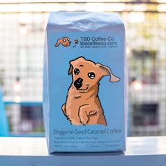 Doggone Good Caramel coffee in an outdoor dachshund scene