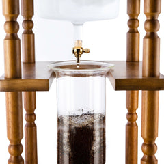 Yama 25 Cup Cold Brew Tower Curved Brown Wood Frame (100oz) showing drip tray