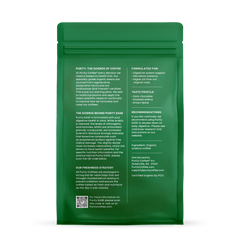 Purity EASE Organic Dark Roast Whole Bean Coffee — back of whole-bean coffee bag
