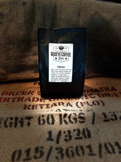 RedEye Espresso Blend coffee bag on burlap