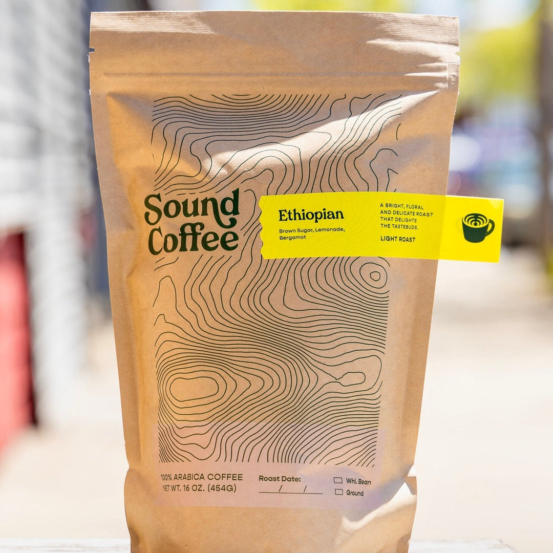 Bag of specialty roast coffee from Ethiopia with notes of Fruity