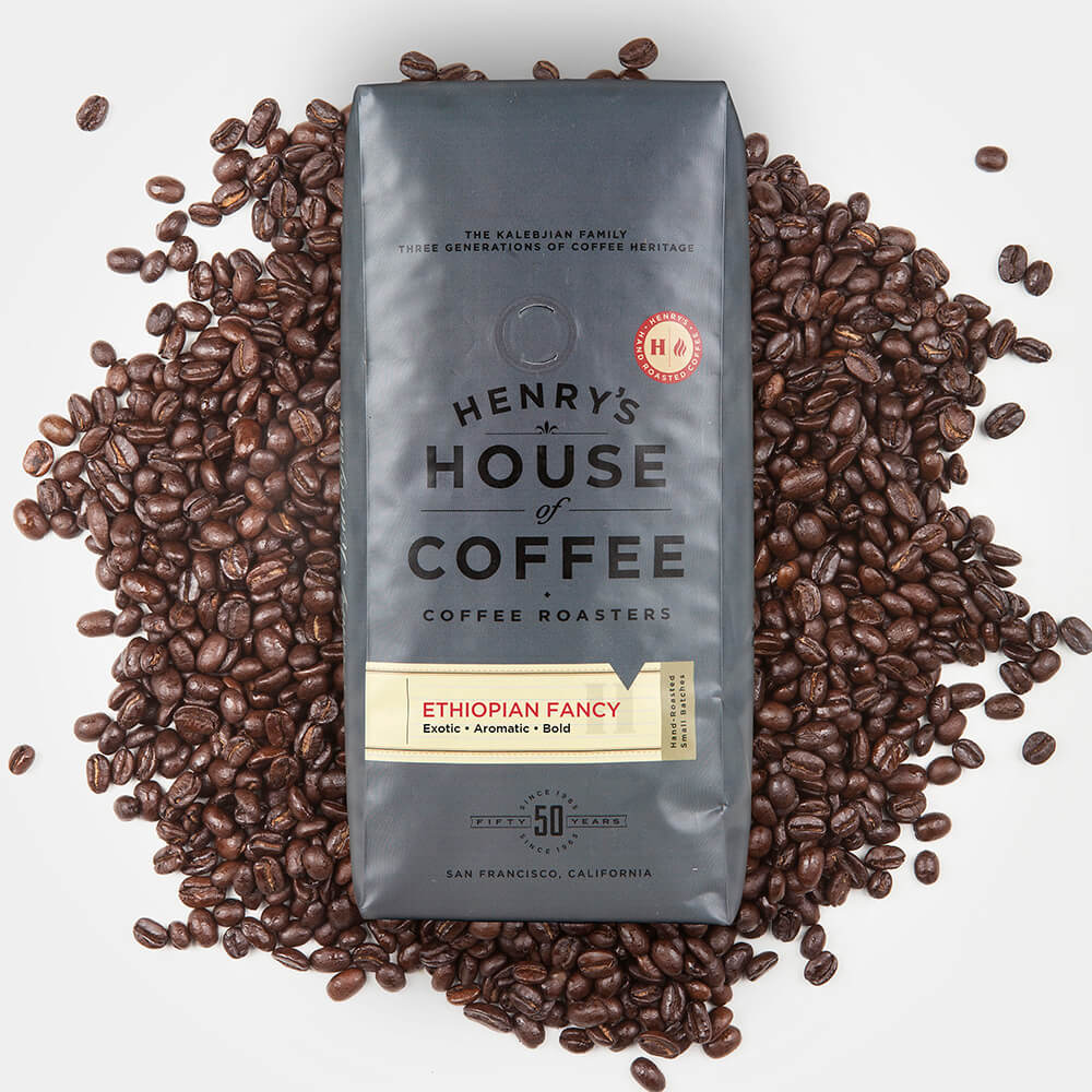 Bag of dark roast coffee from Ethiopia with notes of Chocolate, Fruity