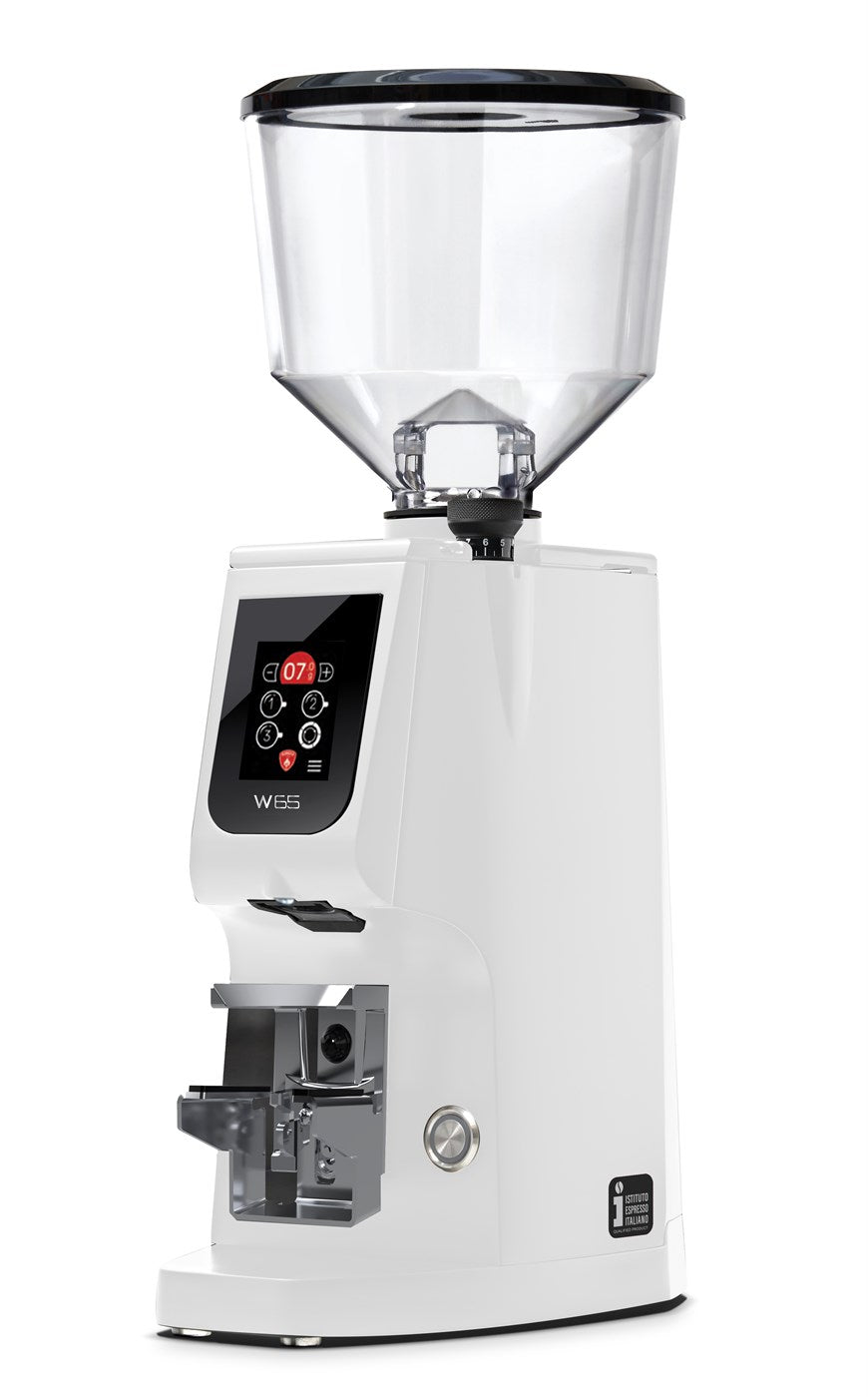 Eureka Atom W65 white color reference; manufacturer photo shows standard tall hopper