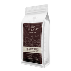 Fireside S’mores coffee package showing marshmallow chocolate and graham theme