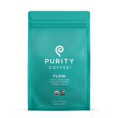 Purity FLOW Organic Medium Roast Whole Bean Coffee — front of ground-coffee bag