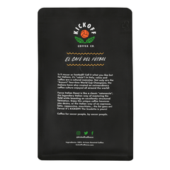 Black back panel of the Forza coffee bag with Kickoff story text — Kickoff Forza Italian Roast Coffee Blend