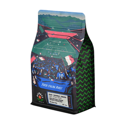 Forza Italian Roast bag with a stadium illustration viewed at an angle — Kickoff Forza Italian Roast Coffee Blend