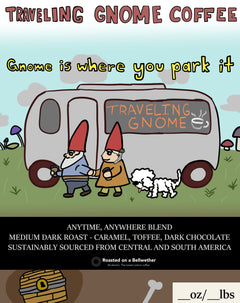 Traveling Gnome camper-van label with coffee and camping details