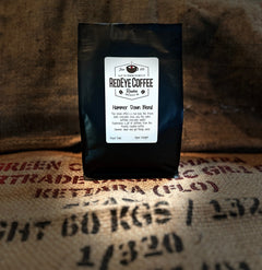 RedEye Hammer Down Blend coffee bag on burlap