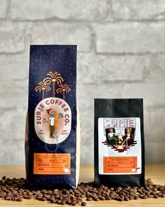 Surje coffee bag and presentation box with coffee beans