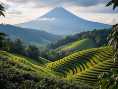 Terraced green hills beneath a volcanic mountain in the Bali Blue illustration