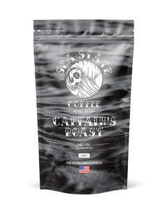 Sea State Captain’s Roast coffee in ocean-patterned packaging