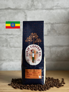 Surje coffee packaging with an Ethiopia flag