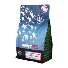 Impact USA bag with white stars and a soccer ball on blue — Kickoff Impact USA El Salvador Coffee, 12 oz