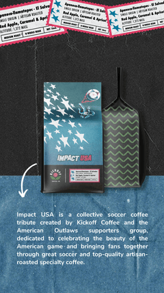Impact USA artwork shown in a graphic with explanatory text — Kickoff Impact USA El Salvador Coffee, 12 oz