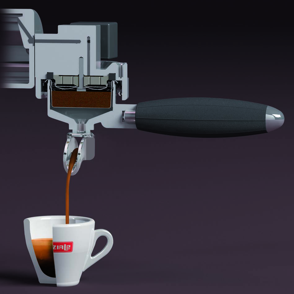 La Spaziale brewing group and portafilter cutaway illustration from the official manufacturer brochure