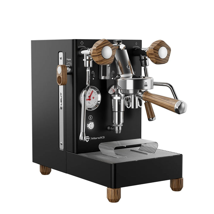 Lelit MaraX3 black espresso machine with Pagaia flow-control paddle
