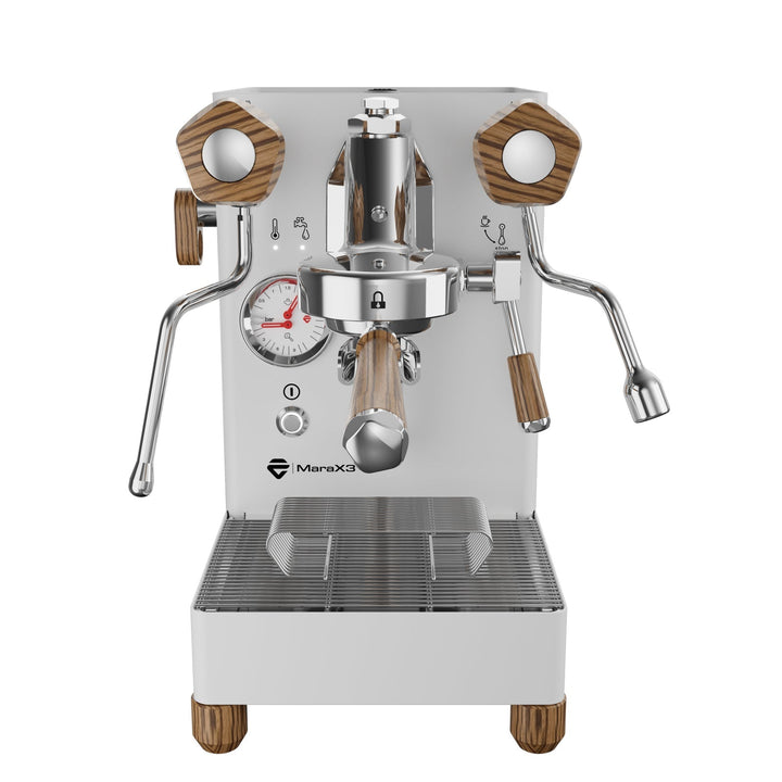 Lelit MaraX3 white front view with E61 group and wood controls