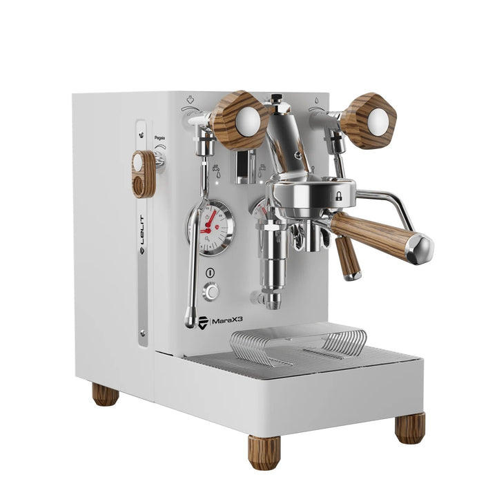 Lelit MaraX3 white espresso machine with wood accents