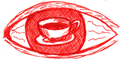 Red eye illustration containing a steaming coffee cup