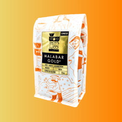 Angled front of bibo Malabar Gold coffee bag with patterned artwork
