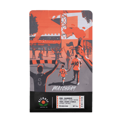 Front-facing Matchday coffee bag with illustrated supporters — Kickoff Matchday Peru Light Roast Coffee, 12 oz