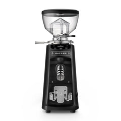 Front view of black Mazzer Mini On Demand grinder with short hopper