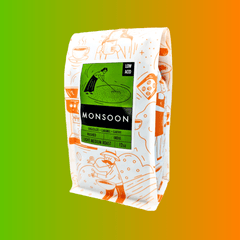 Angled front of bibo Monsoon coffee bag with patterned artwork