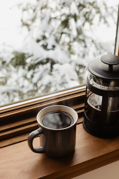 Coffee mug and French press on a windowsill — Clear Lake Surf Medium Roast Coffee Blend gallery