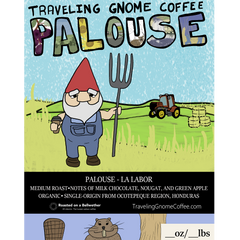 Palouse label illustration with gnome and farm animals